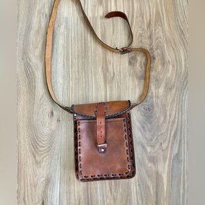 Vintage Handmade Tooled Mandala Brown Leather Crossbody / Shoulder Bag EUC